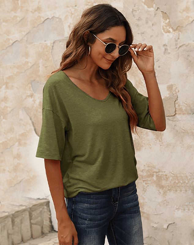 🔥Unifarbenes Damen-T-Shirt mit V-Ausschnitt
