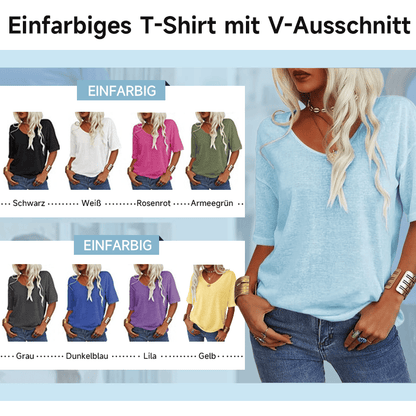 🔥Unifarbenes Damen-T-Shirt mit V-Ausschnitt