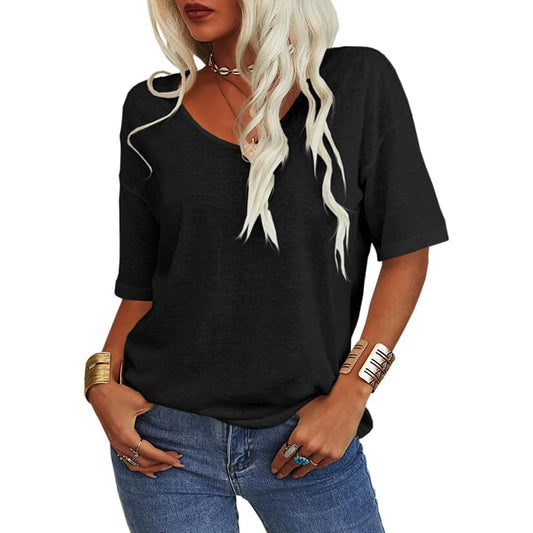 🔥Unifarbenes Damen-T-Shirt mit V-Ausschnitt
