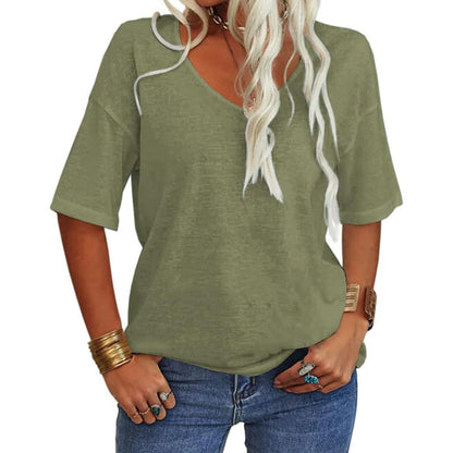 🔥Unifarbenes Damen-T-Shirt mit V-Ausschnitt