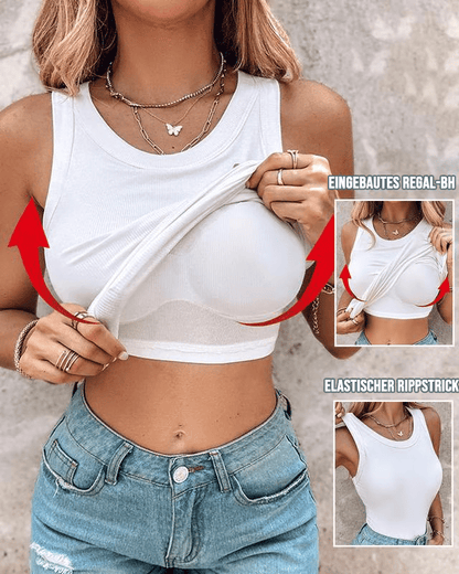 🔥Tanktop mit Rundhalsausschnitt, integriertem BH, gerippte Passform, lässig, bequem