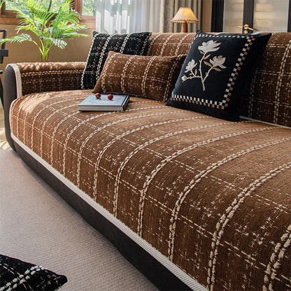Eleganter karierter Jacquard-Chenille-Schutzbezug für das Sofa für alle Jahreszeiten