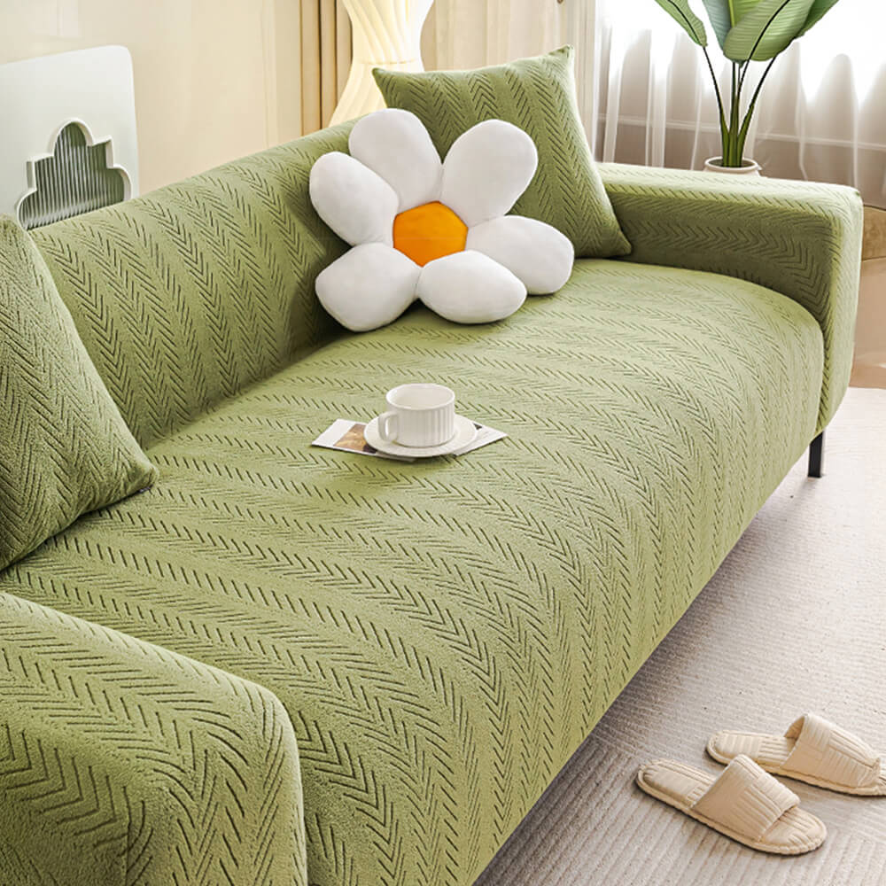 Elegante Fischgrät-Creme Ästhetik Stretch Magic Sofaüberzug
