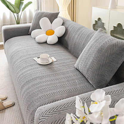 Elegante Fischgrät-Creme Ästhetik Stretch Magic Sofaüberzug