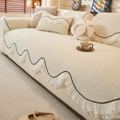 Elegante weiche Chenille rutschfeste Sofabezug mit Rüschensaum