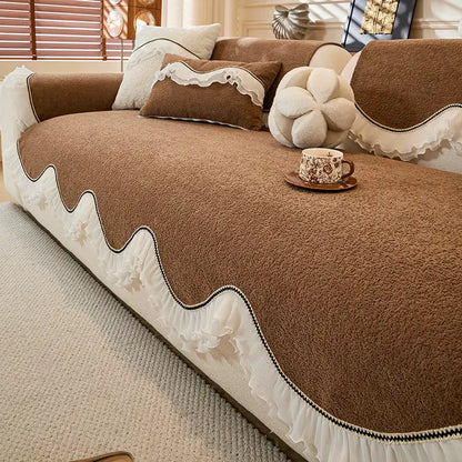 Elegante weiche Chenille rutschfeste Sofabezug mit Rüschensaum