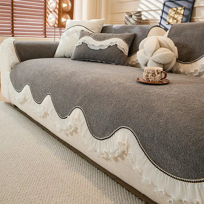 Elegante weiche Chenille rutschfeste Sofabezug mit Rüschensaum