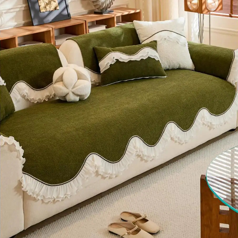Elegante weiche Chenille rutschfeste Sofabezug mit Rüschensaum