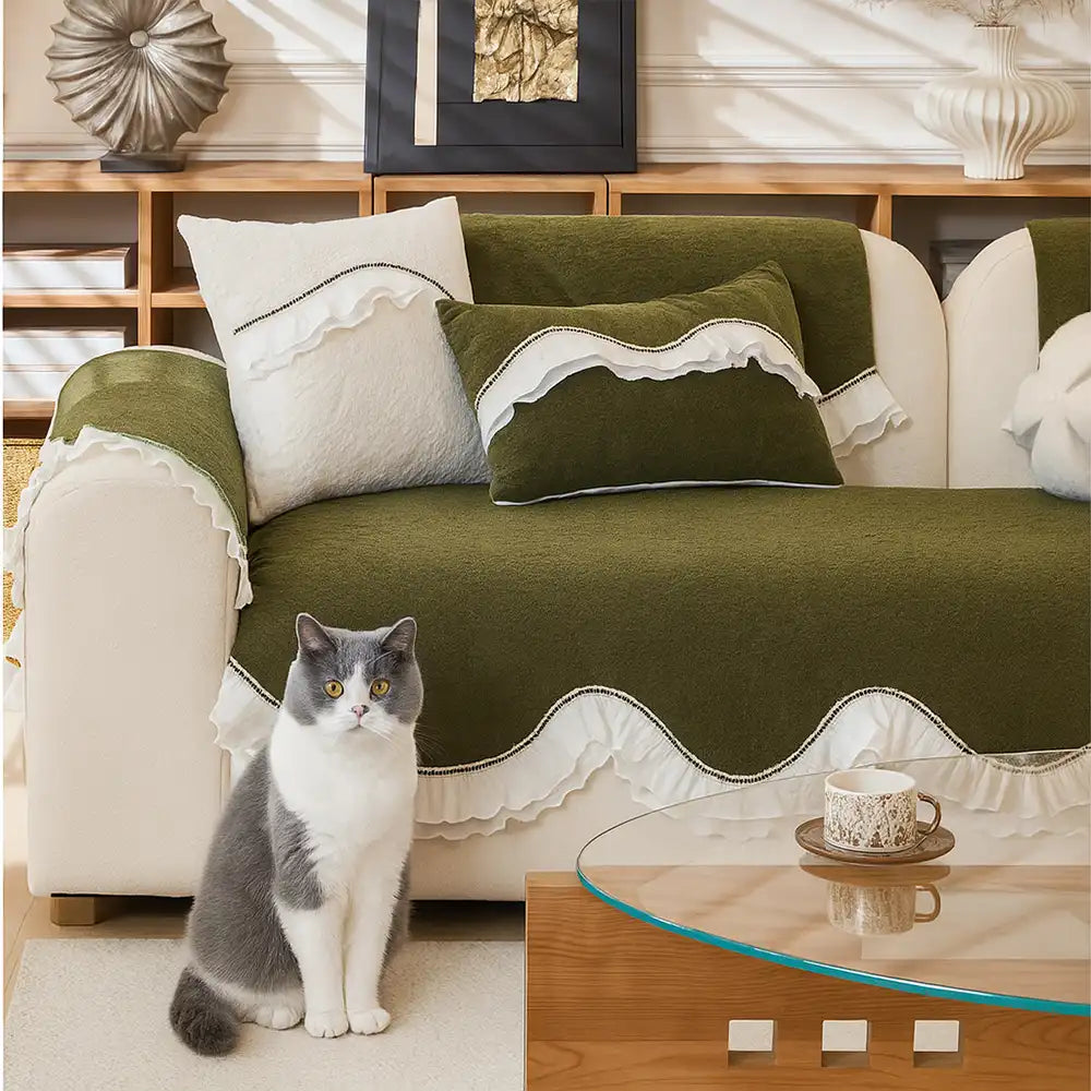 Elegante weiche Chenille rutschfeste Sofabezug mit Rüschensaum