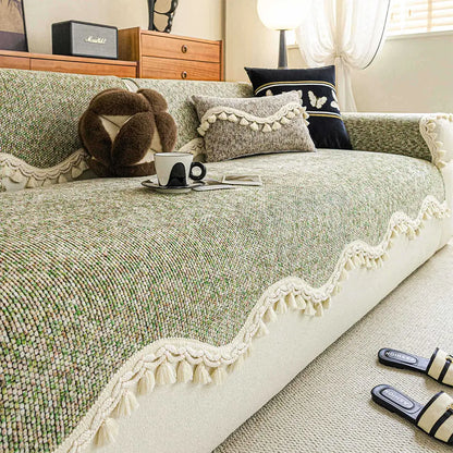 Chic Chenille Bouclé rutschfeste Couchabdeckung mit welligem Fransenbesatz