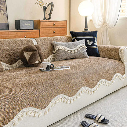 Chic Chenille Bouclé rutschfeste Couchabdeckung mit welligem Fransenbesatz