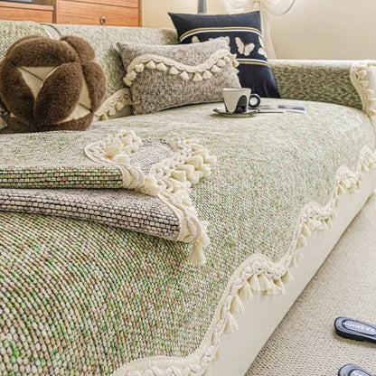 Chic Chenille Bouclé rutschfeste Couchabdeckung mit welligem Fransenbesatz