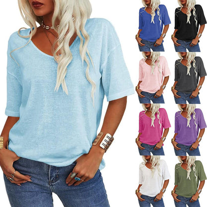 🔥Unifarbenes Damen-T-Shirt mit V-Ausschnitt
