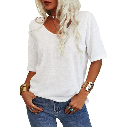 🔥Unifarbenes Damen-T-Shirt mit V-Ausschnitt