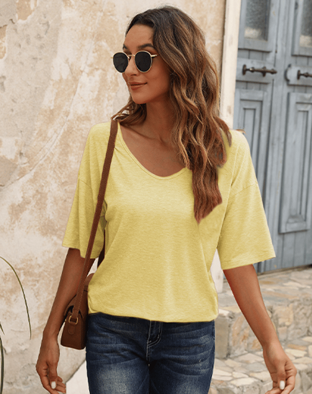 🔥Unifarbenes Damen-T-Shirt mit V-Ausschnitt