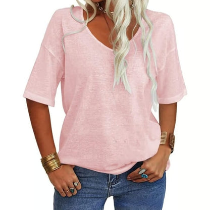 🔥Unifarbenes Damen-T-Shirt mit V-Ausschnitt
