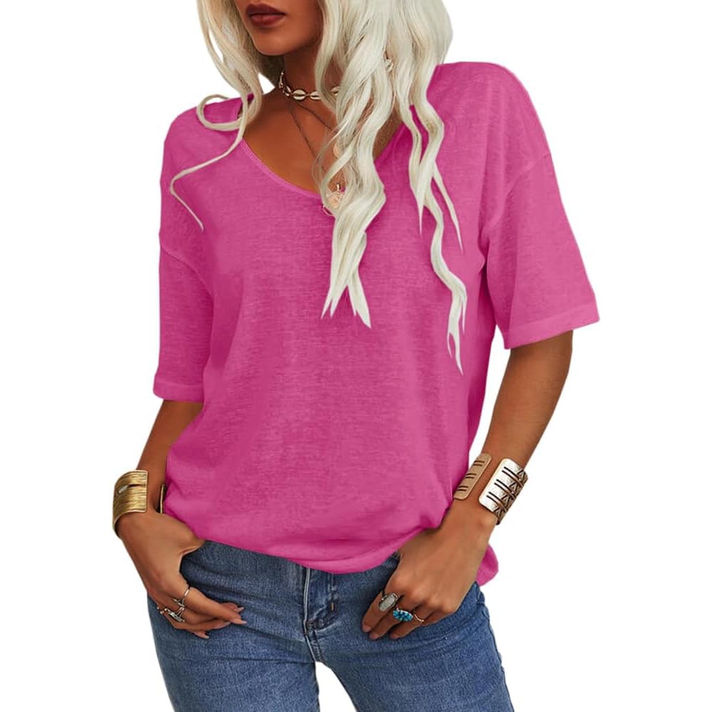 🔥Unifarbenes Damen-T-Shirt mit V-Ausschnitt
