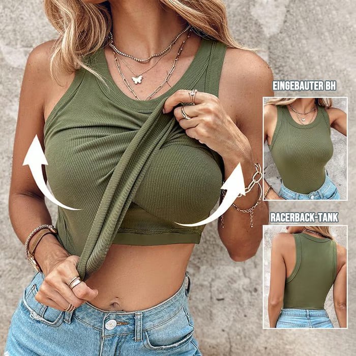 🔥Tanktop mit Rundhalsausschnitt, integriertem BH, gerippte Passform, lässig, bequem