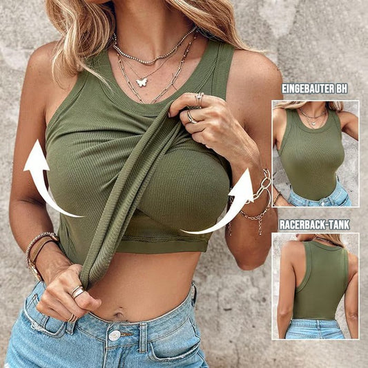 🔥Tanktop mit Rundhalsausschnitt, integriertem BH, gerippte Passform, lässig, bequem