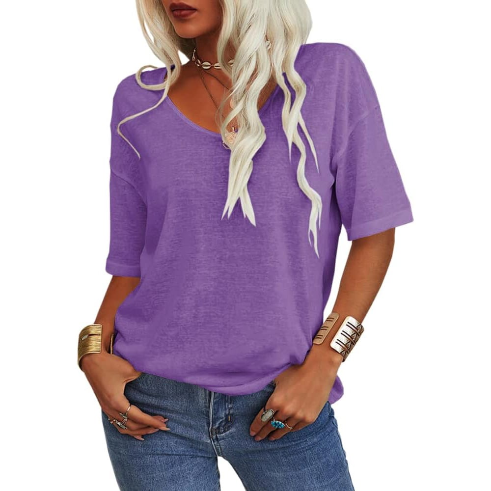 🔥Unifarbenes Damen-T-Shirt mit V-Ausschnitt
