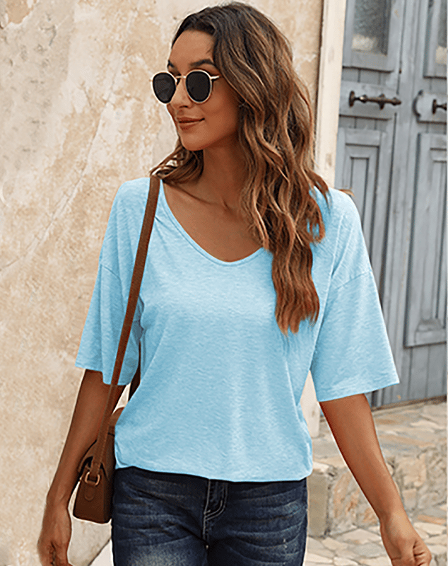 🔥Unifarbenes Damen-T-Shirt mit V-Ausschnitt